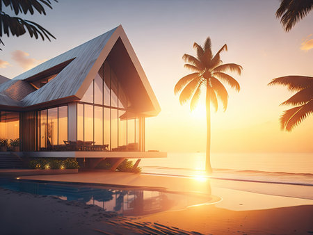 Modern architecture of villa on beach. ai generative.の素材