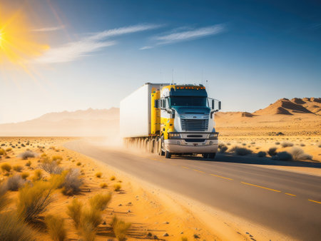 Semi truck driving fast on long road. ai generative.の素材