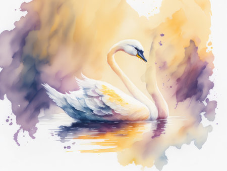 Swan watercolor hand drawn style bright image. ai generative.の素材