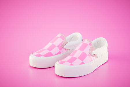 Women's checkered slipons on a pink background. 3D rendering.の写真素材