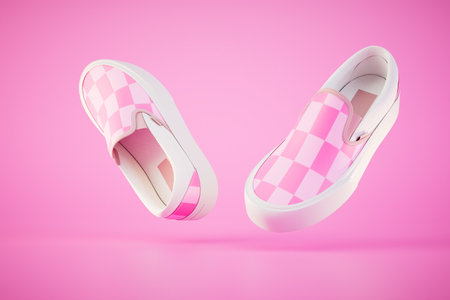 Women's checkered slipons on a pink background. 3D rendering.の写真素材