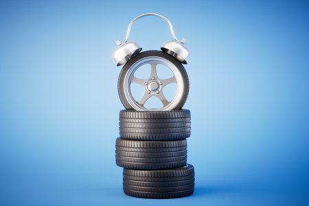 It's time to change the tires in the car. tires with wheels and an alarm clock on a blue background. 3D rendering.の写真素材
