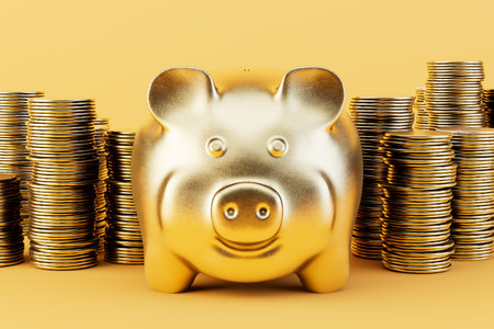 The concept of depositing. piggy bank and stacks of coins dollar on a yellow background. 3D rendering.の写真素材