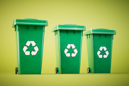 The concept of waste recycling. A trash cans with a recycling icons on green background. 3D rendering.の写真素材