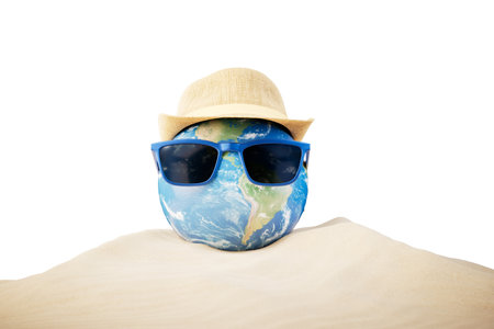 Summer Vacation Concept. Abstract image of planet earth globe laying relax on sand beach. 3d rendering.の写真素材