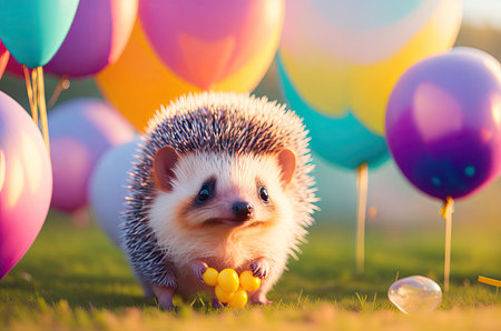 little cute hedgehog among balloons. ai generative.の素材