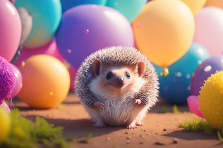 little cute hedgehog among balloons. ai generative.の素材