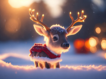 Little cute baby reindeer on winter christmas clothes. ai generative.の素材