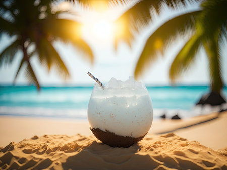 Coconut drink on a beautiful ocean beach. ai generative.の素材