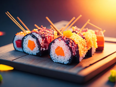 pieces of sushi with chopsticks bright image. ai generative.の素材