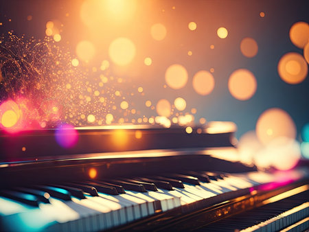 Piano and melody bright image colorful bokeh background. ai generative.の素材