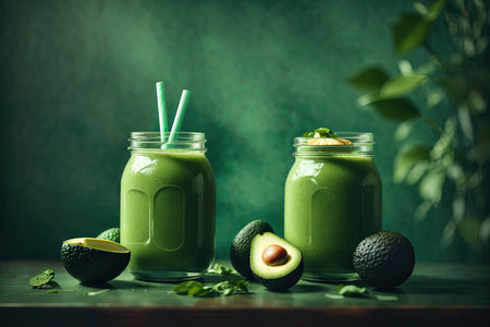 Mason jar mugs filled with green spinach and kale health smoothie with green swirled straw.の素材