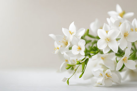 Fragrant jasmine flowers in a small porcelain vases on old wooden table.の素材