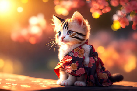 realistic kitten wearing kimono bokeh background. ai generative.の素材