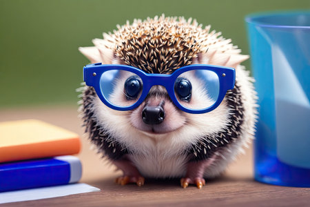 closeup of a hedgehog wearing small square glasses. ai generative.の素材