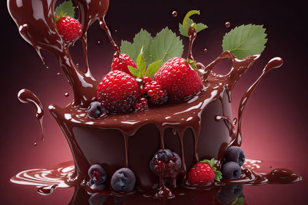 Chocolate splash with a lot of berries. ai generative.の素材