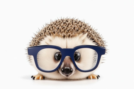 closeup of a hedgehog wearing small square glasses in white background. ai generative.の素材