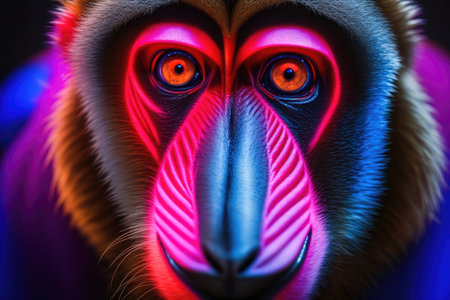 a menacing mandrill on black background. ai generative.の素材