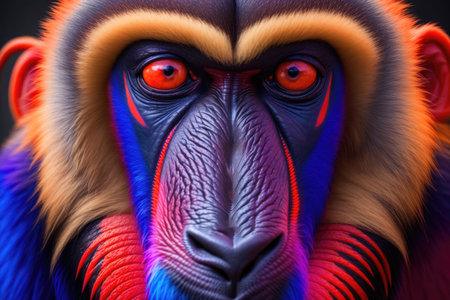 a menacing mandrill on black background. ai generative.の素材