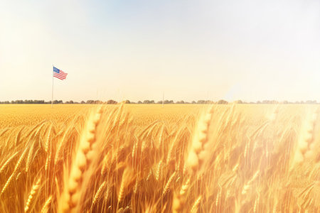 sunlit wheat field with an American flag standing. ai generative.の素材