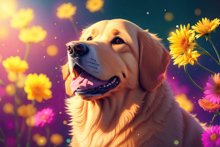 colorful flower, official art, Golden Retriever of dog. ai generative.の素材