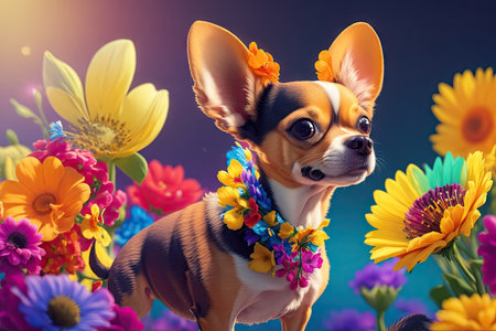 colorful flower, official art, Smooth Coat Chihuahua of dog. ai generative.の素材