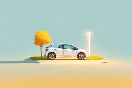 a flat illustration of a EV car on charge station. ai generative.の素材
