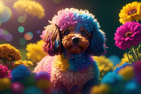 Standard Poodle of dog with flowers. ai generative.の素材