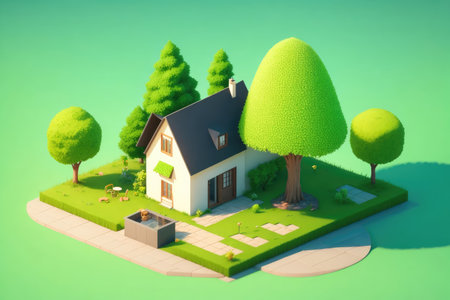 Isometric house with green lawn trees. ai generative.の素材