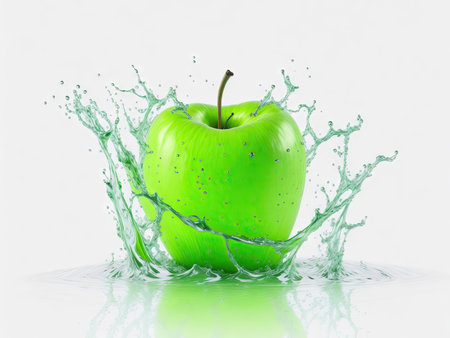 Green apple in splash of water isolated on white background. ai generative.の素材