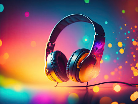 music background with headphones and vibrant. ai generative.の素材