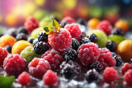 fresh frozen fruits closeup. ai generative.の素材