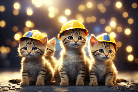 A group of small kittens wearing construction helmets. ai generative.の素材
