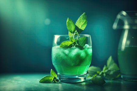a green drink with a mint garnish. ai generative.の素材