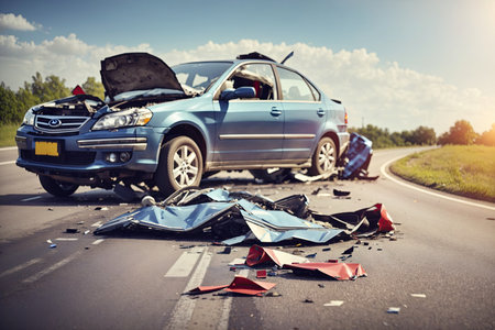 car crash accident on the road banner with copy space. ai generative.の素材