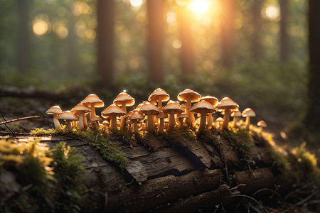 a group of mushrooms growing on a log in the forest. ai generative.の素材