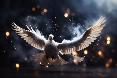 flying white dove on dark background with smoke. ai generative.の素材
