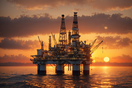 Oil rig at sunset bokeh. ai generative.の素材