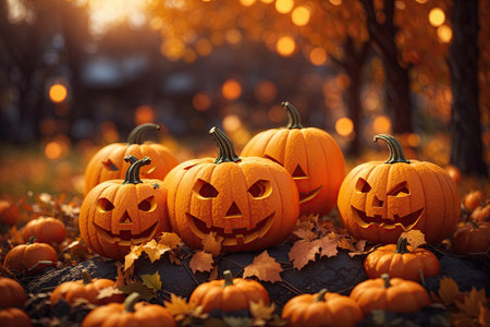 Autumn Halloween pumpkins and leaves. ai generative.の素材