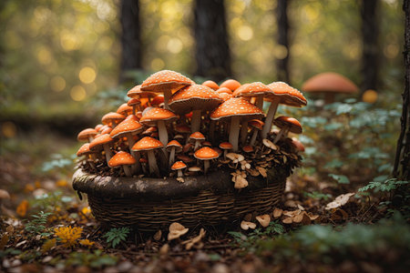 photo of mushrooms in busket closeup in the forest. ai generative.の素材