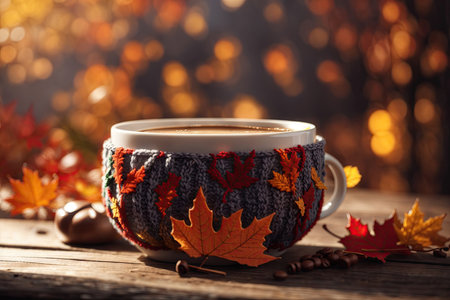 Coffee cup with autumn leaves. ai generative.の素材