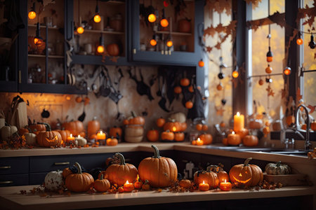 The kitchen is decorated for Halloween pumpkins. ai generative.の素材