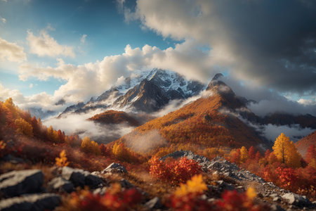 Autumn mountain covered in clouds with a sky background. ai generative.の素材