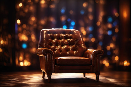 luxurious brown leather armchair in dark room. ai generative.の素材