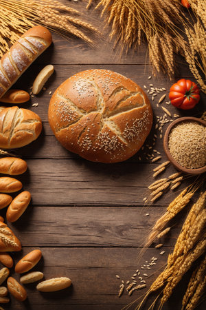 bread wheat and other grains on wooden background. ai generative.の素材