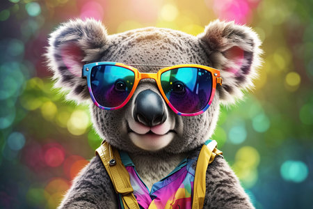A cute colorfull Koala bear with sunglusses in vacation T short.の素材