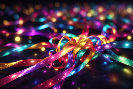 LED strip with multicolored diodes on a dark background.の素材