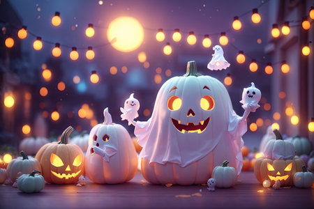 cute ghost and Pumpkins in pastel tone. ai generative.の素材