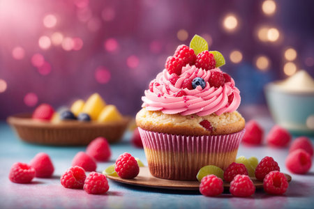 vanilla cupcake with raspberries still life stock images. Delicious creamy cupcake with berries on the table stock photoの素材