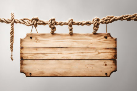 empty wooden billboard with rope isolated on white background.の素材